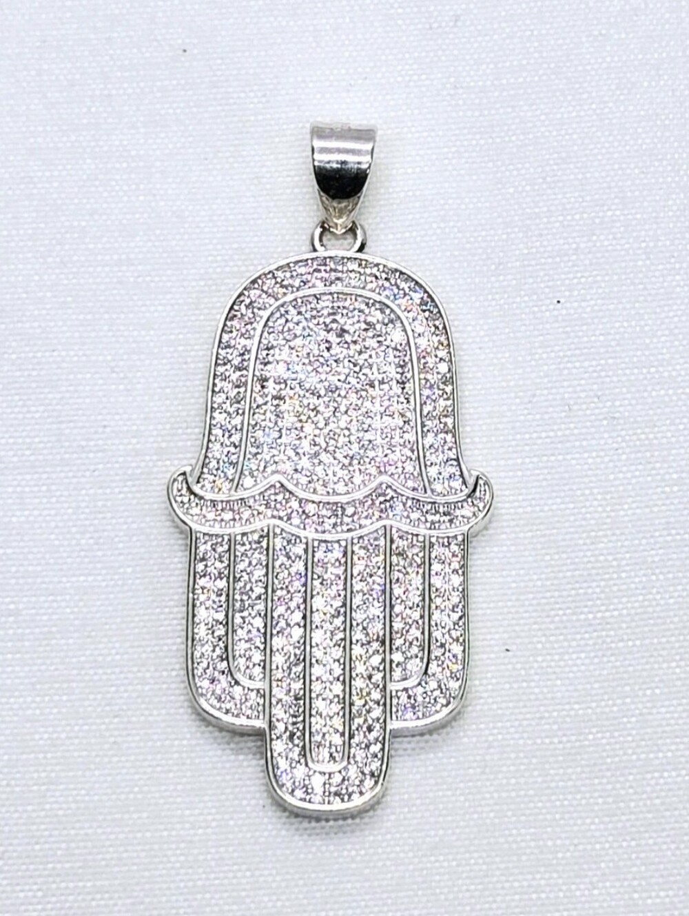 Hamsa Hand Pendant Lrg CZ Charm Dije Mano Fatima 925 Mex. Sterling Silver 4.25cm